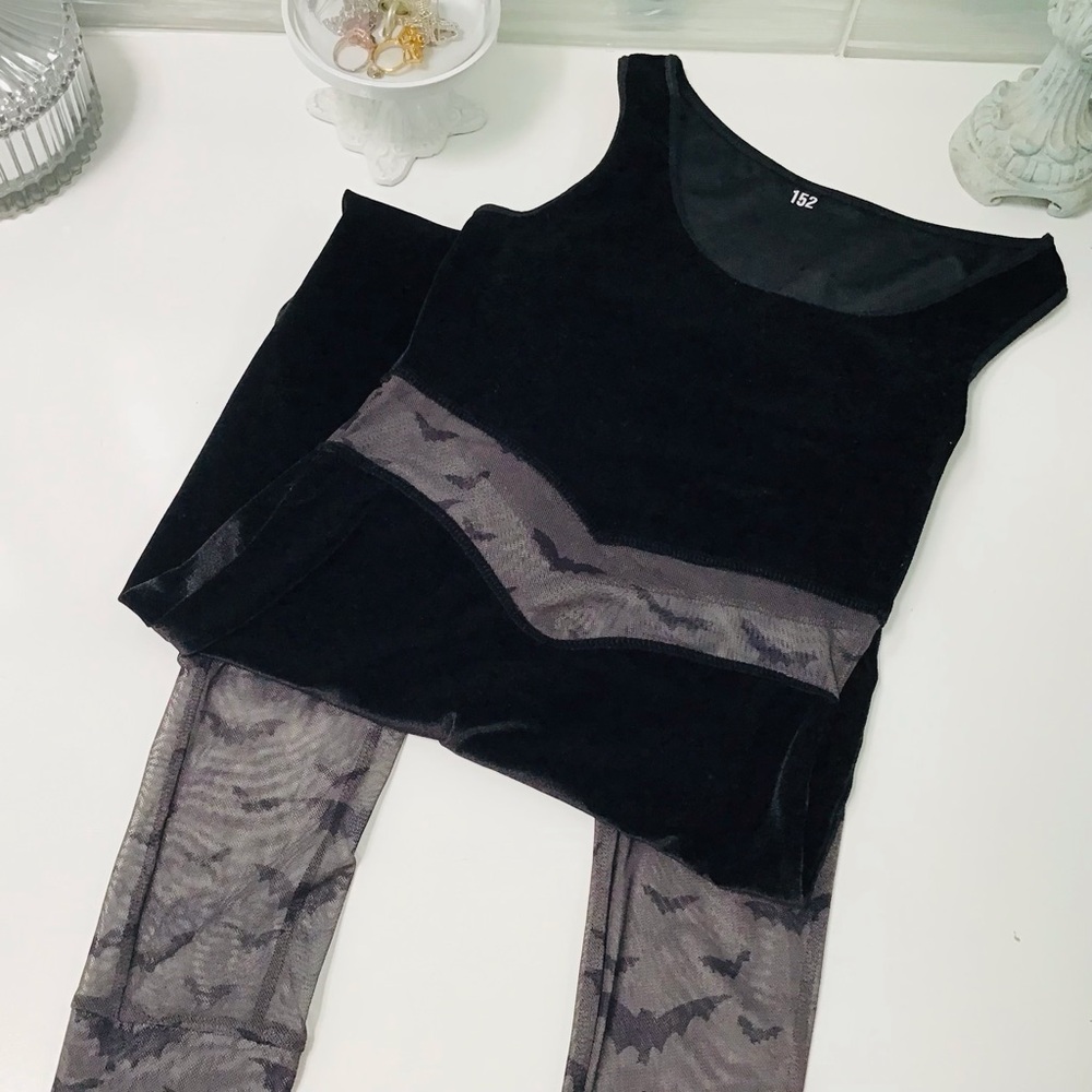 Custom Black 🦇Velvet Dance Unitard Sz 12/14 Like New! 🎃